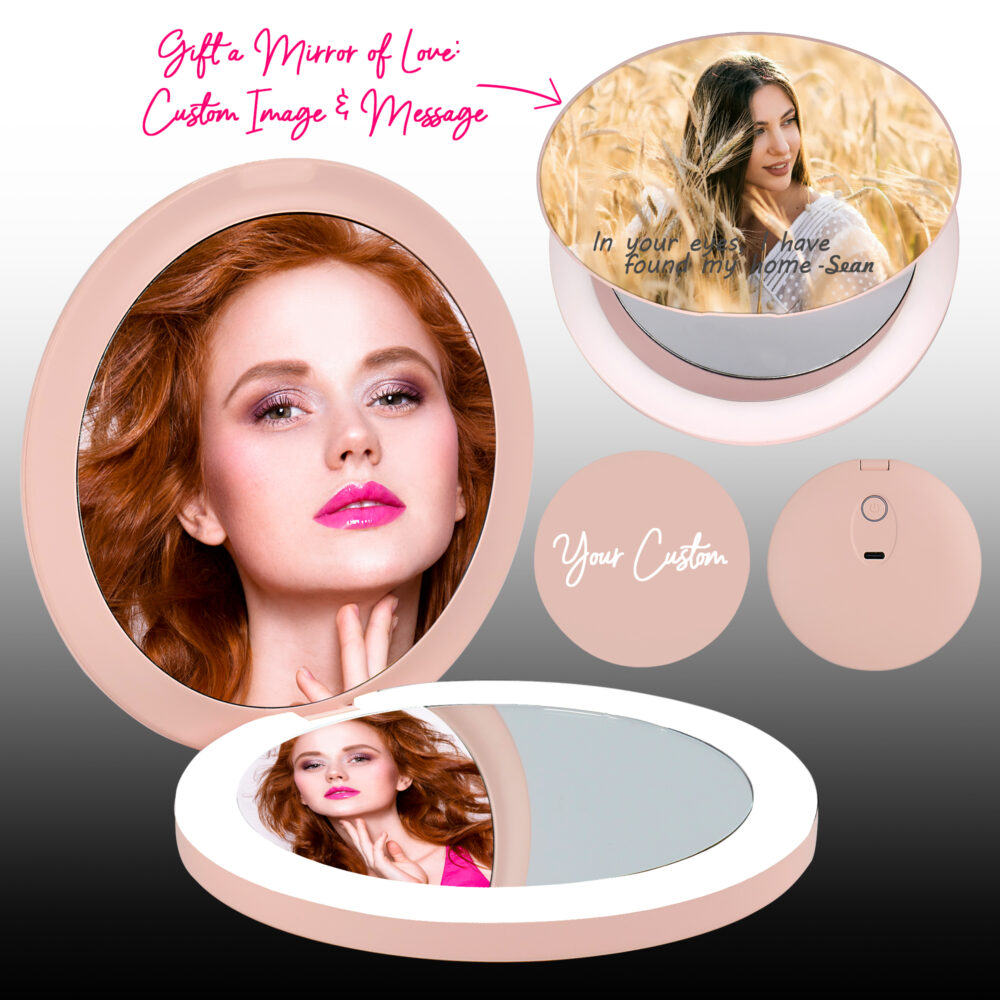 Personalized LED Makeup Mirror Rechargable Pink